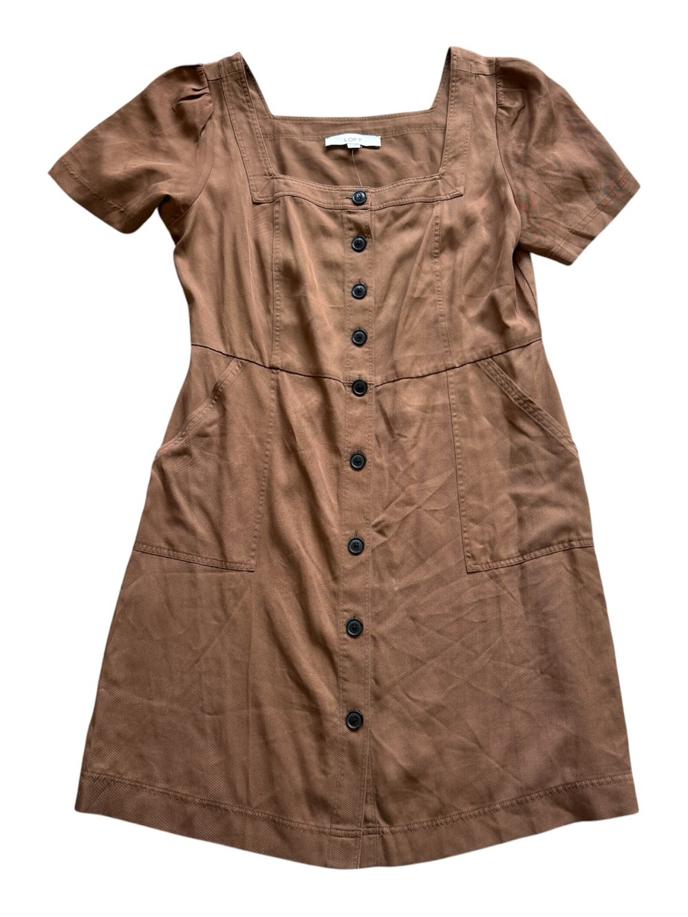 LOFT Brown Lyocell Square Neck Button Front Puff Sleeve Utility Mini Dress 8 NWT - Picture 3 of 12